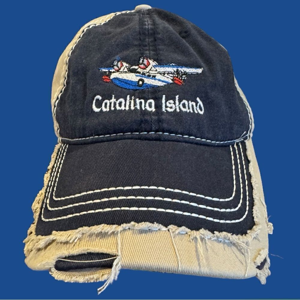 OTTO Catalina Island Baseball Hat Cap Distressed Adjustable Back Tan & Blue
